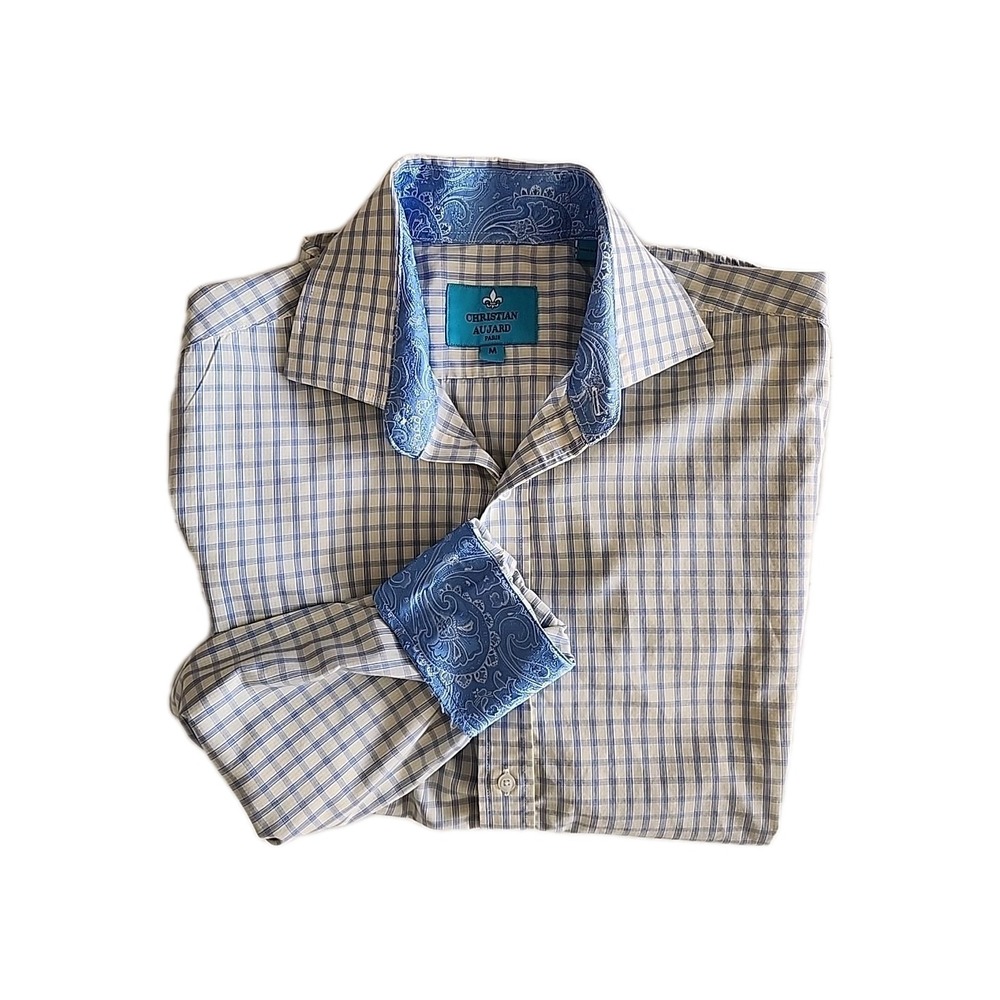 Christian Aujard Long Sleeve Shirt Blue White Yellow Windowpane Check Paisley M‎
